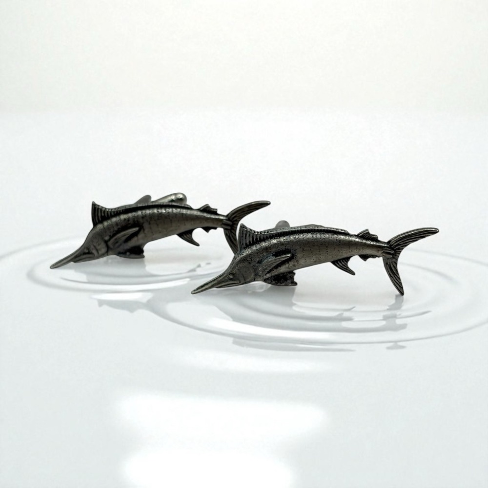 Swordfish Cufflinks Mid Century Silver‎ Tone Marlin Fish Ocean VTG Fishing READ